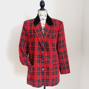 Vintage Kosinski Red Tartan Plaid Blazer Velvet Collar L